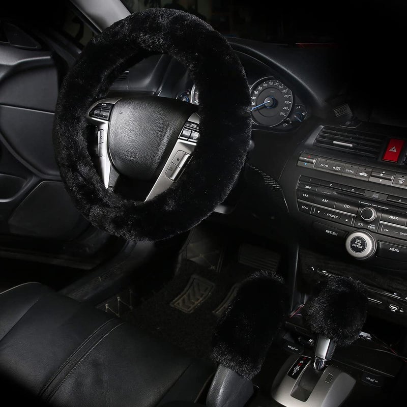 Cxtiy Warm Steering Wheel Cover with Handbrake Cover & Gear Shift Cover, Soft Fazzy Steering Wheel Wrap Faux Wool Fluffy for Winter 3 Pcs1 Set Fit Most of Car(Black) - Image 2